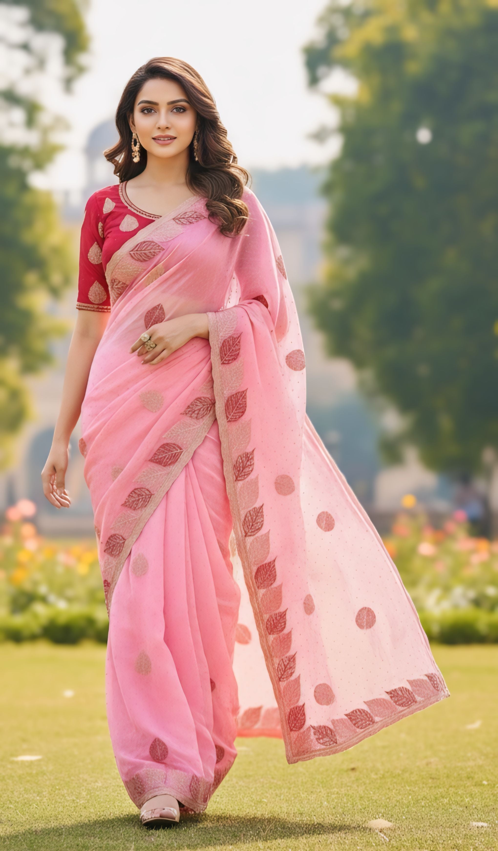 Baby Pink, White, Gold, Sky Blue, Pink Printed Organza Saree With Elegant Floral Motifs