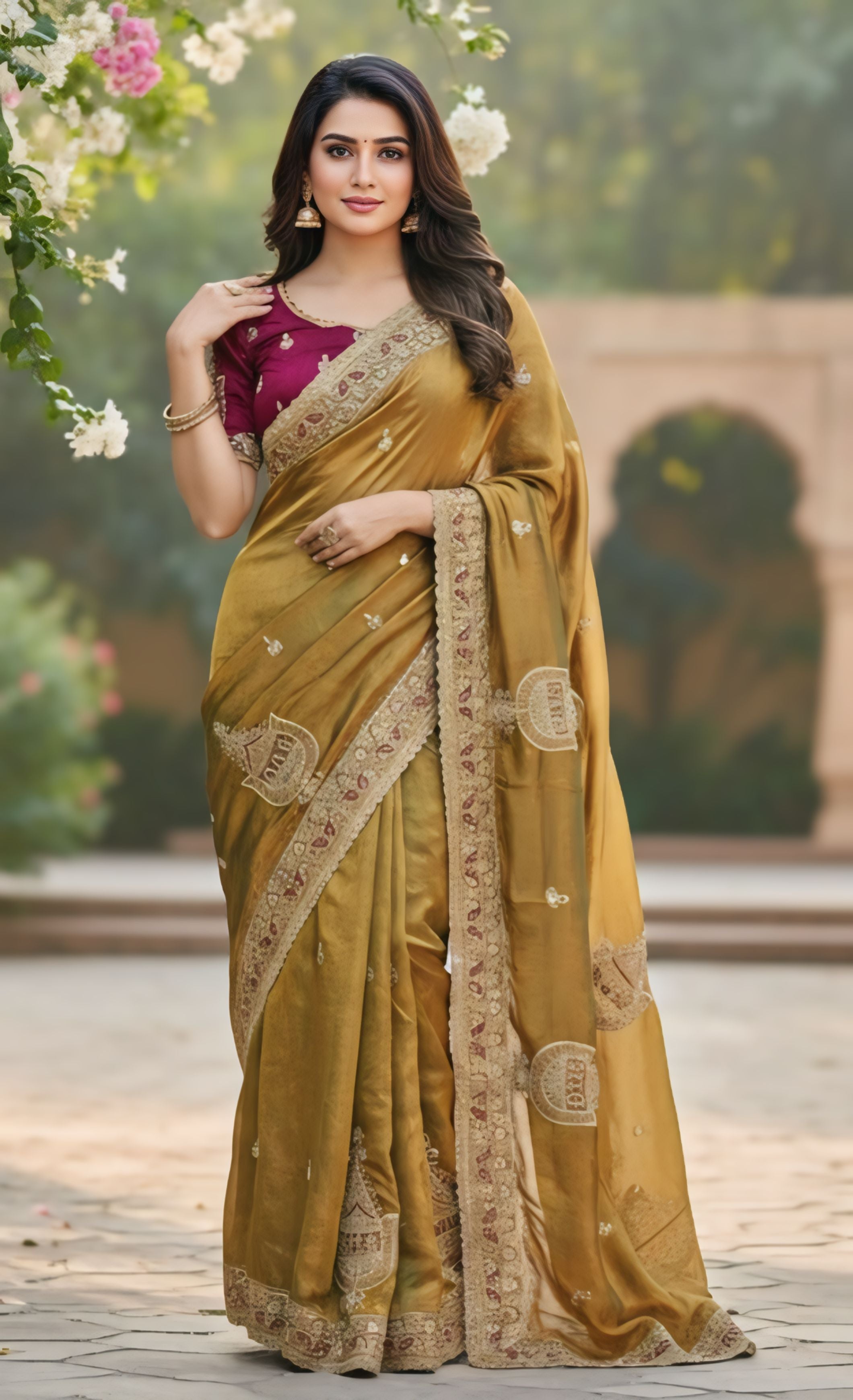 Mustard Gold, Sky Blue, Pink, Green Designer Saree With Heavy Embroidered Border Work