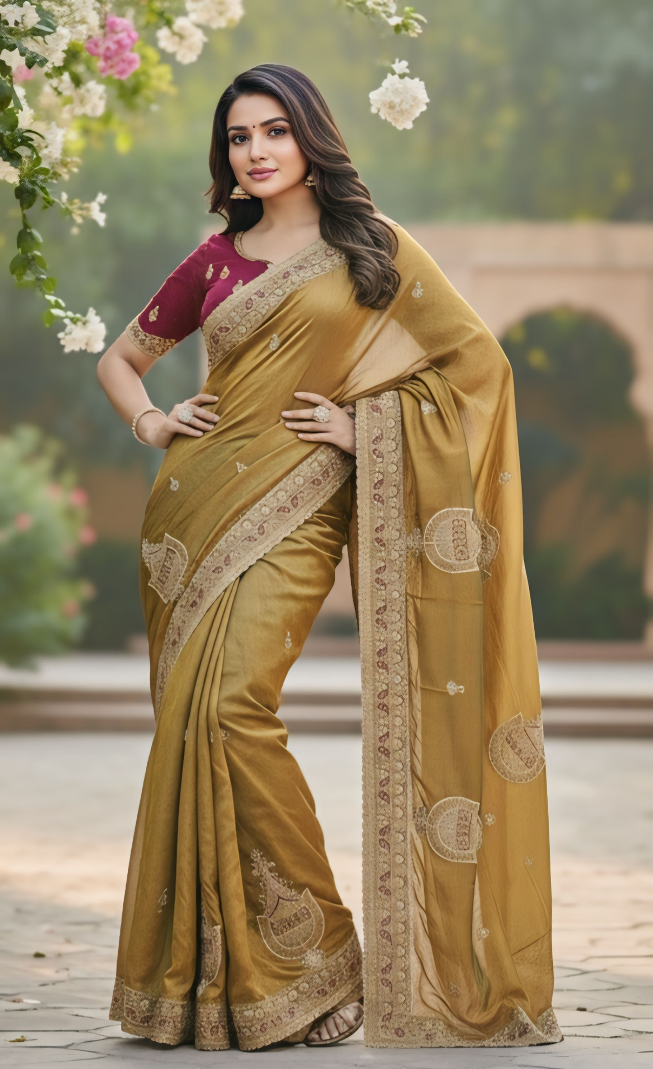 Mustard Gold, Sky Blue, Pink, Green Designer Saree With Heavy Embroidered Border Work