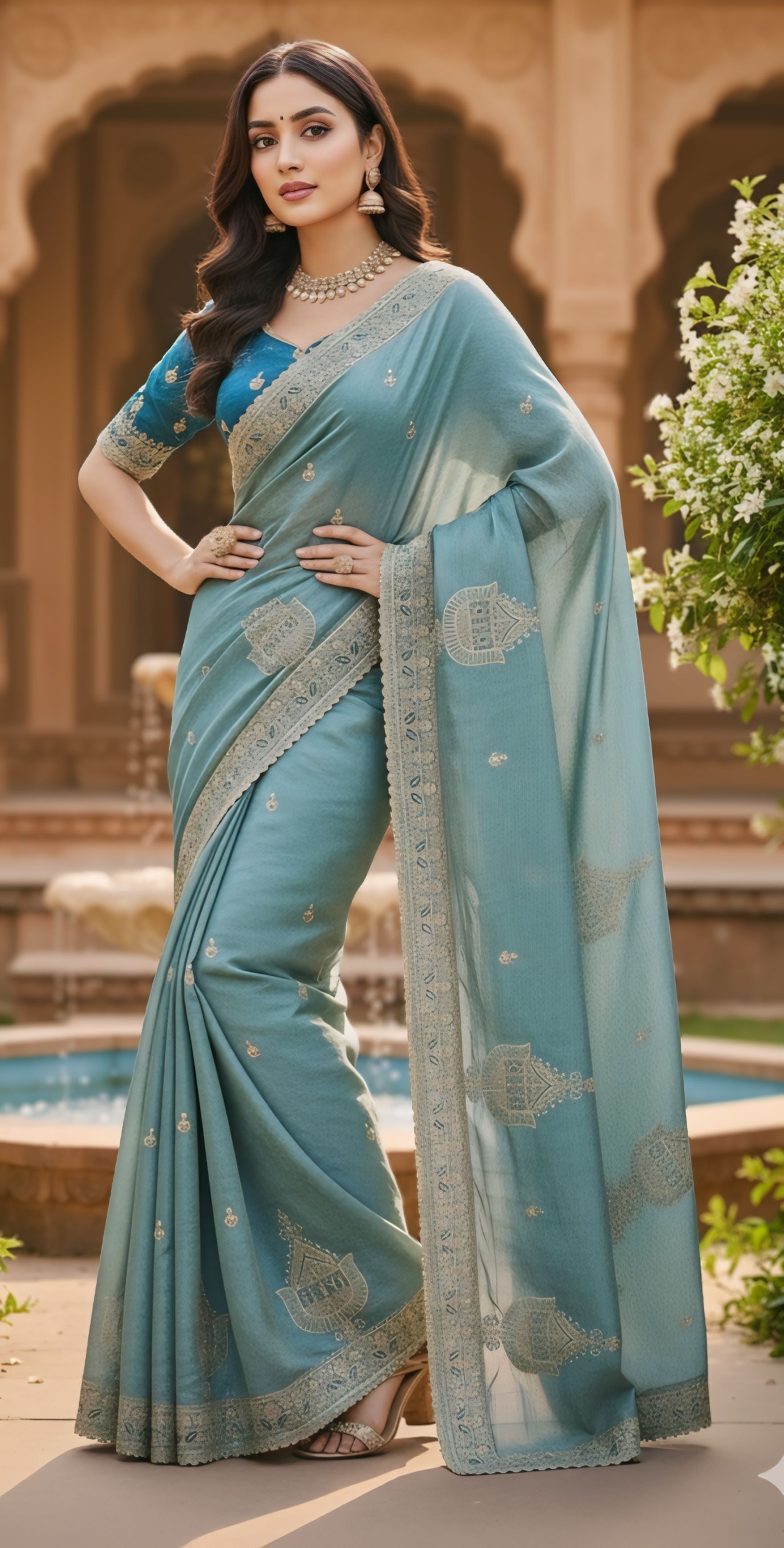 Mustard Gold, Sky Blue, Pink, Green Designer Saree With Heavy Embroidered Border Work