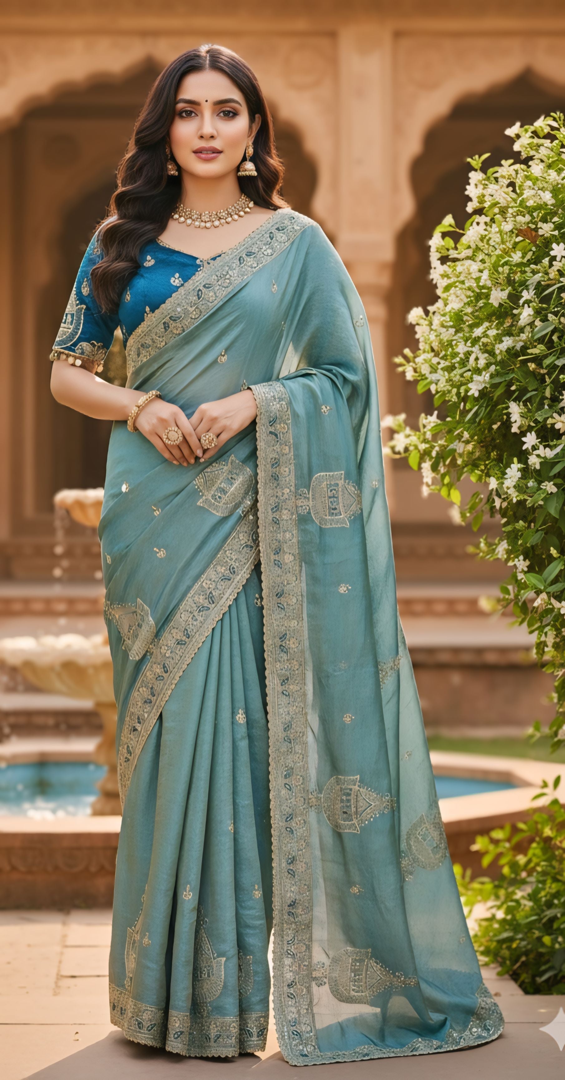 Mustard Gold, Sky Blue, Pink, Green Designer Saree With Heavy Embroidered Border Work