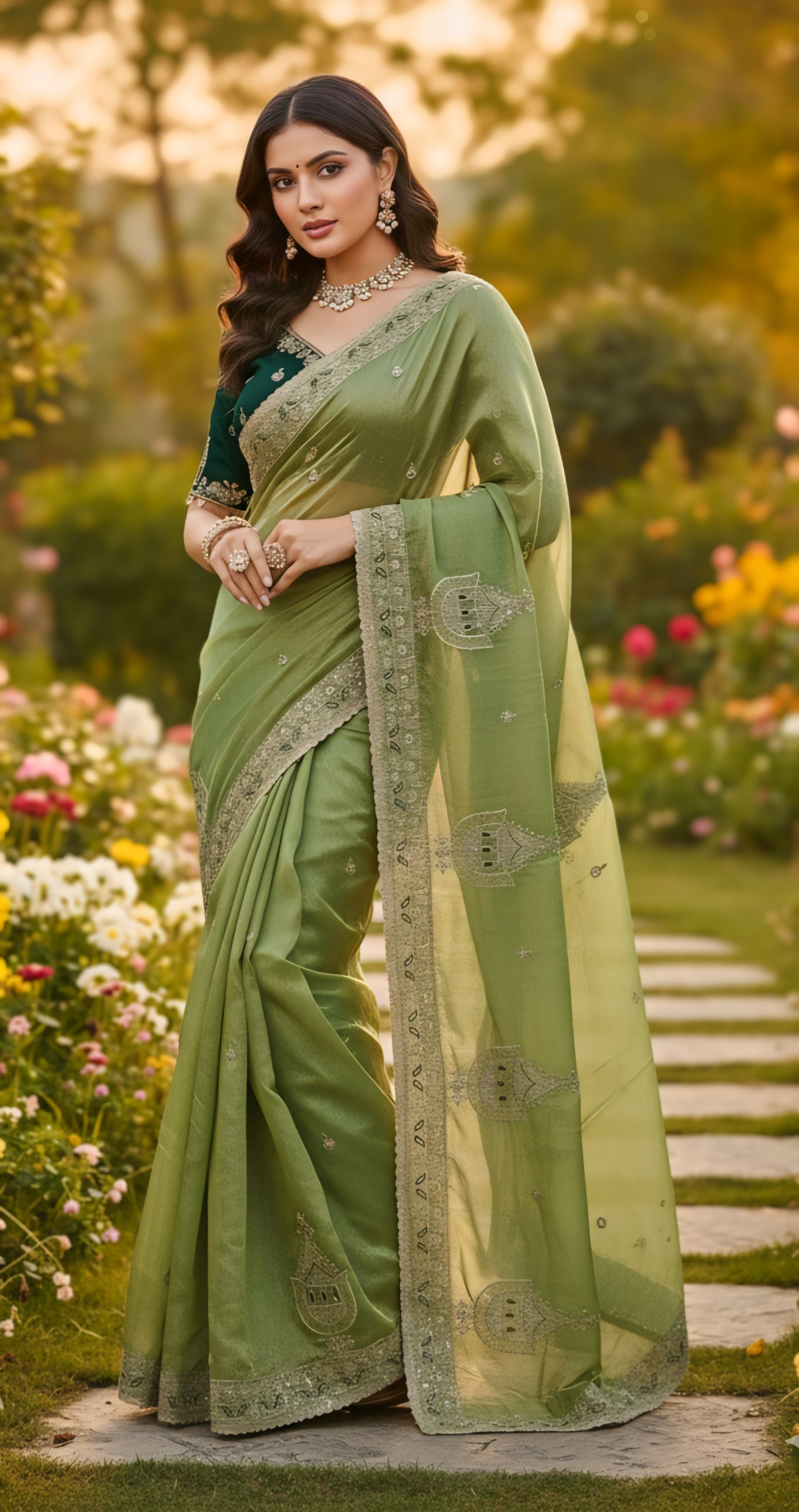 Mustard Gold, Sky Blue, Pink, Green Designer Saree With Heavy Embroidered Border Work