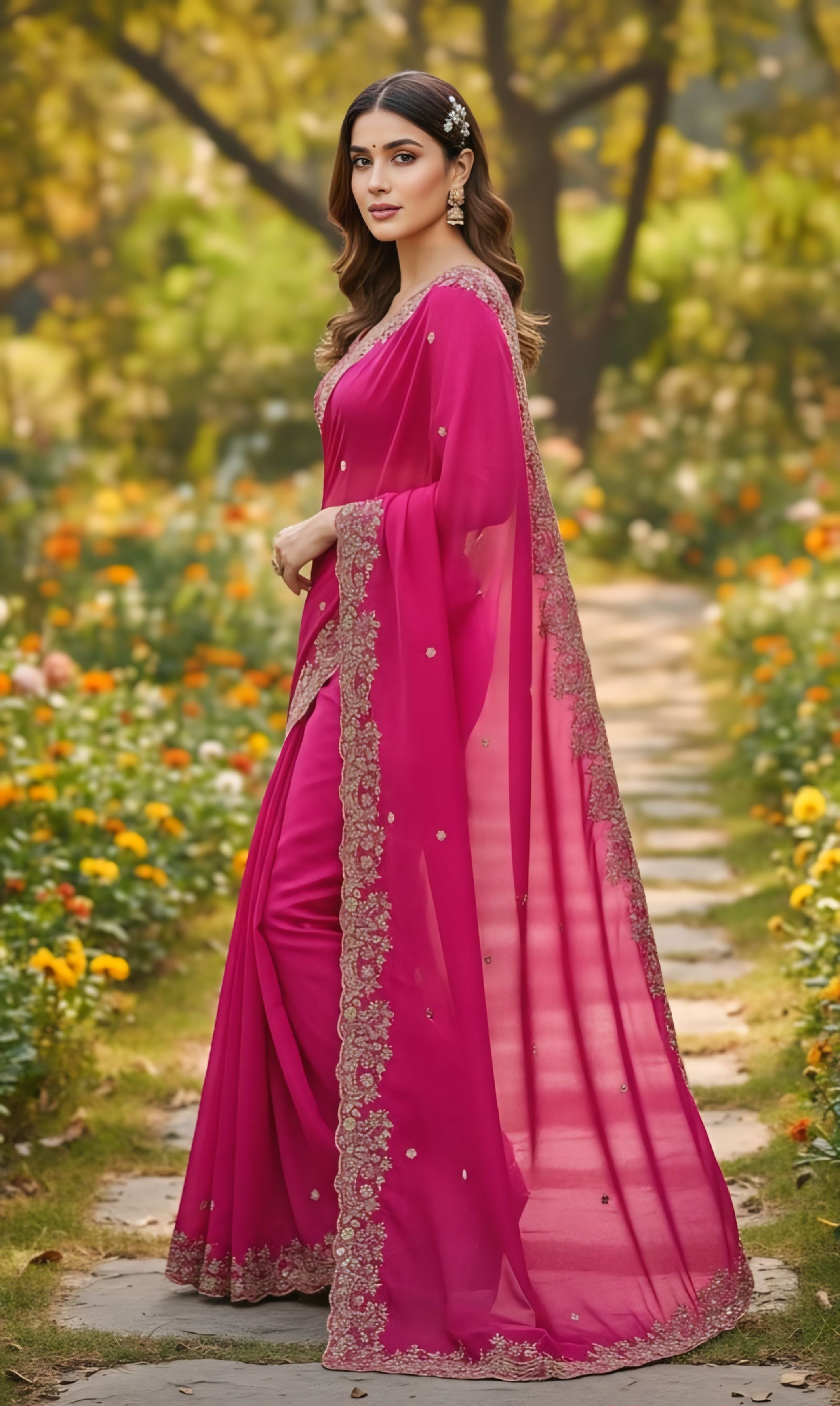 Hot Pink, Maroon, Red, Green, Purple,Blue Party Wear Saree With Heavy Stone Border Design