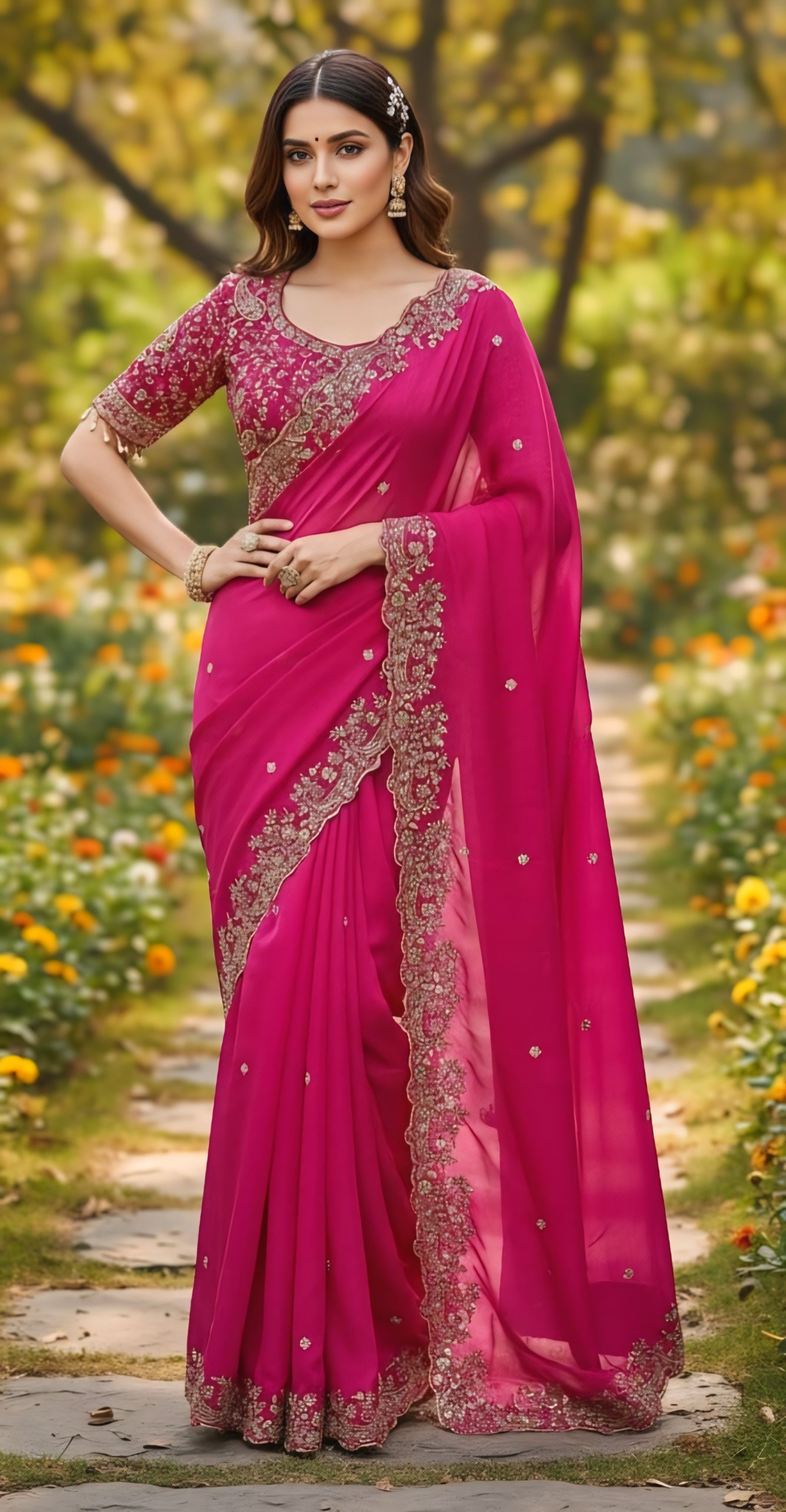 Hot Pink, Maroon, Red, Green, Purple,Blue Party Wear Saree With Heavy Stone Border Design