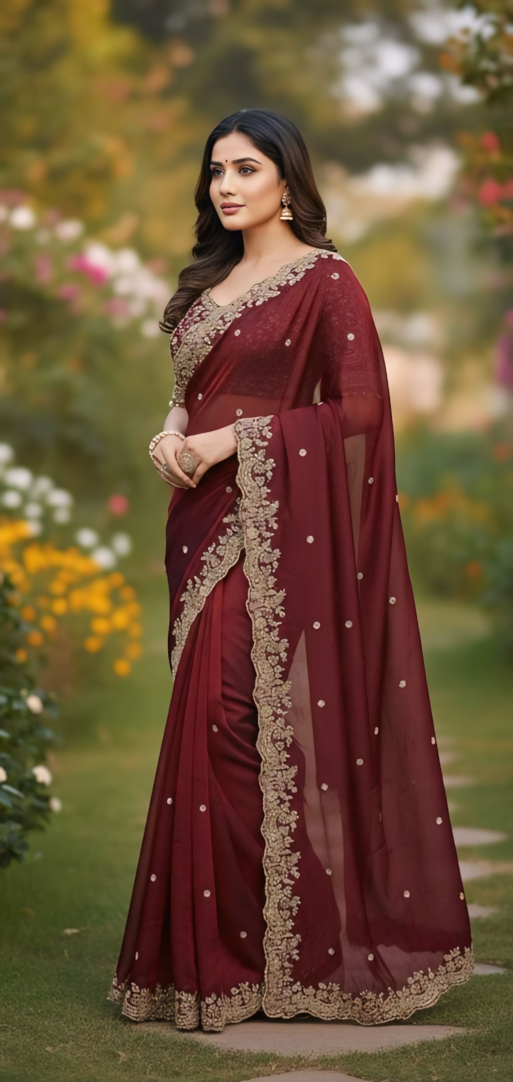 Hot Pink, Maroon, Red, Green, Purple,Blue Party Wear Saree With Heavy Stone Border Design