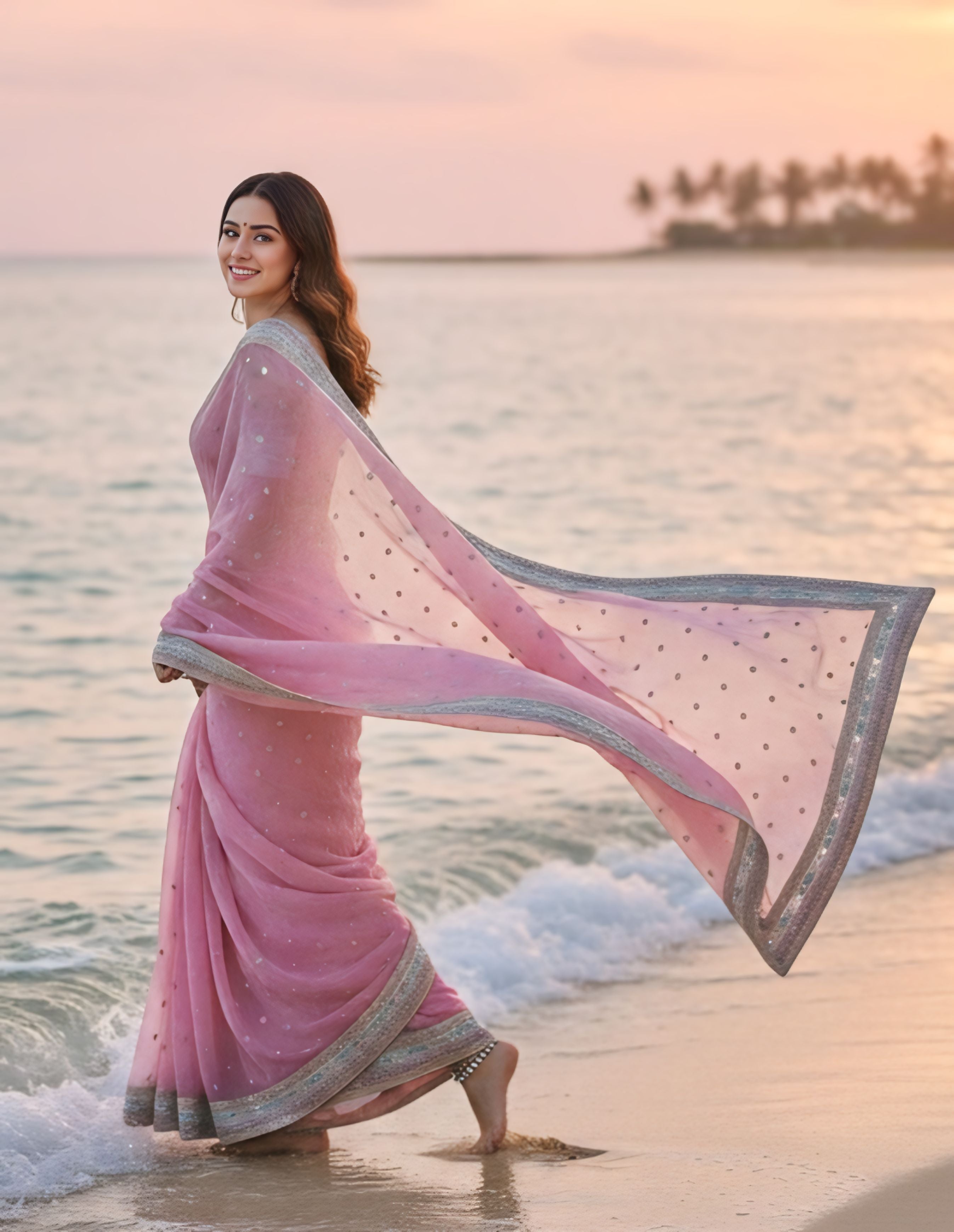 Baby Pink Designer Saree With Elegant Stone Border Work