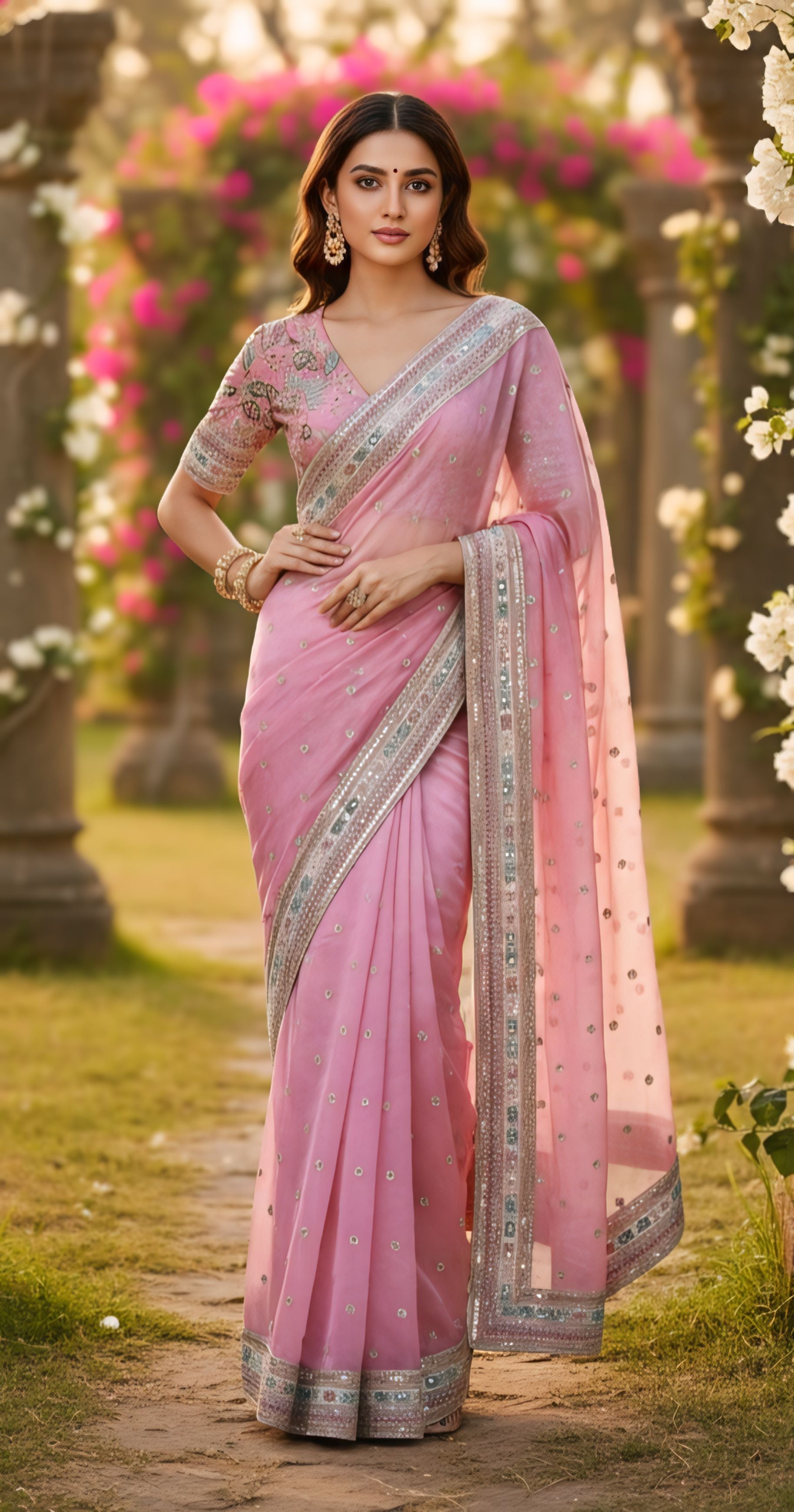 Baby Pink Designer Saree With Elegant Stone Border Work
