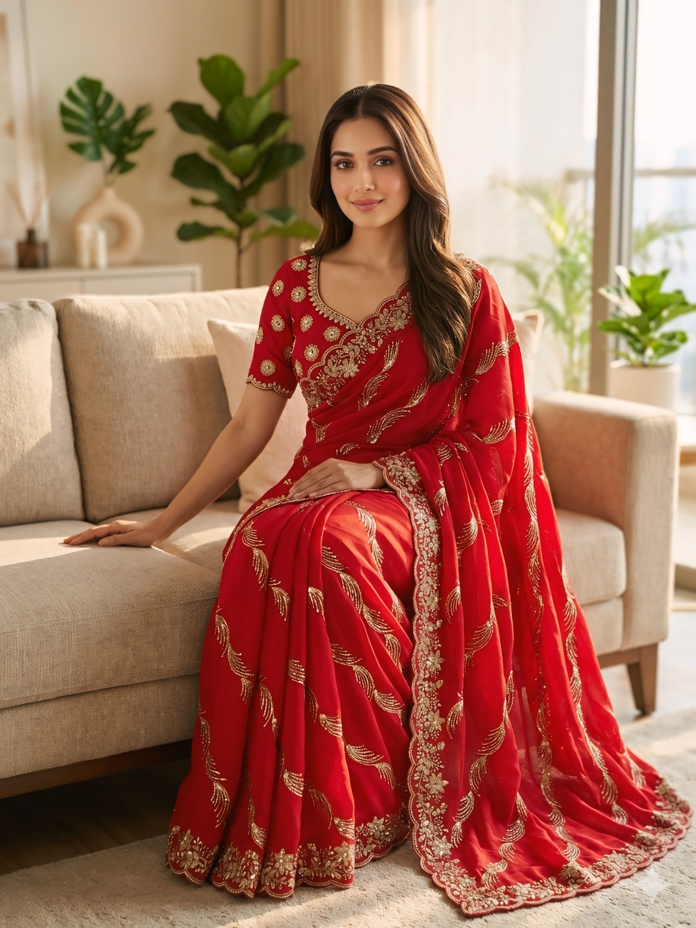 Red, maroon, Royal Blue  Designer Saree With Rich Golden Zari Work