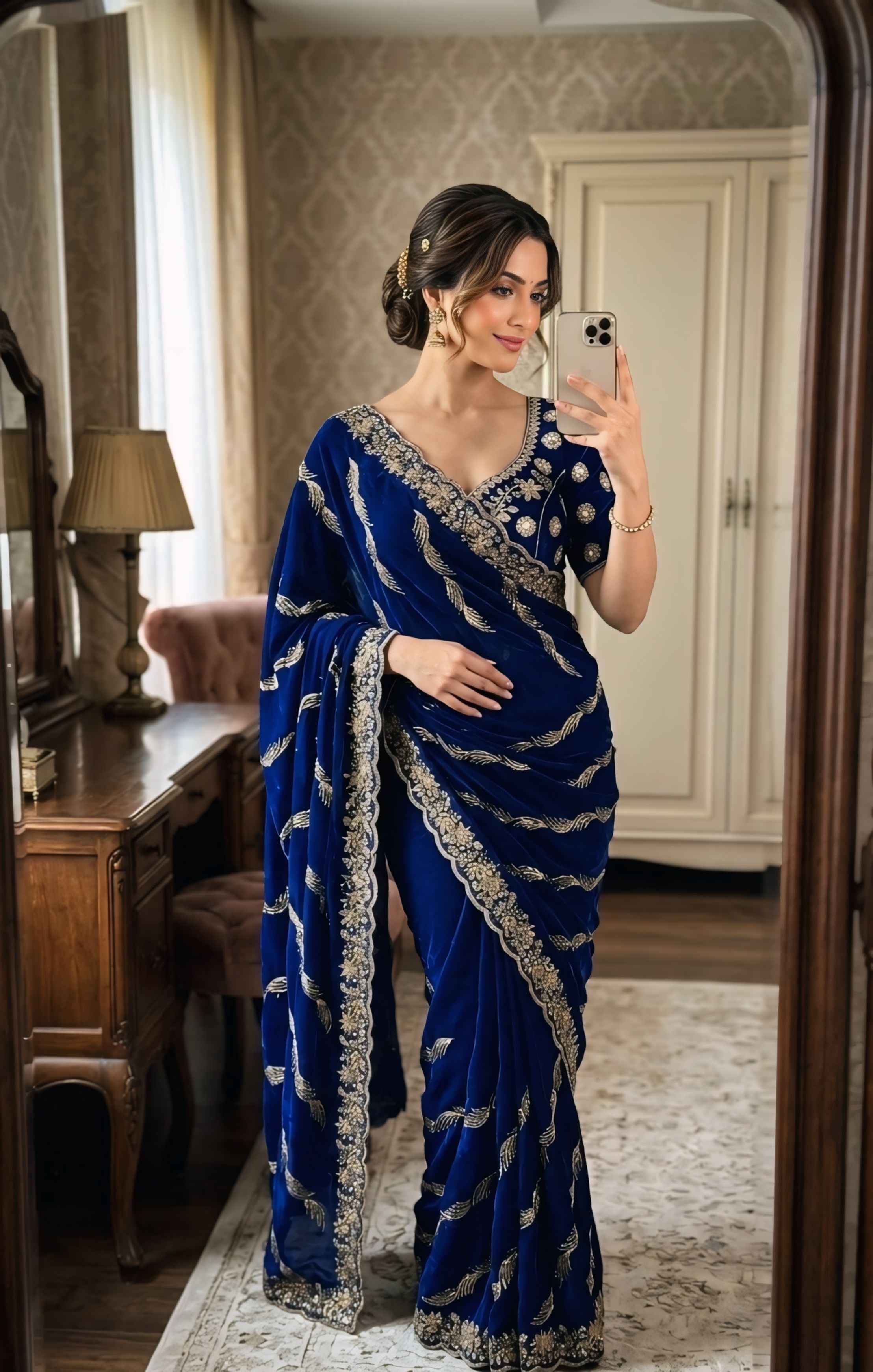 Red, maroon, Royal Blue  Designer Saree With Rich Golden Zari Work