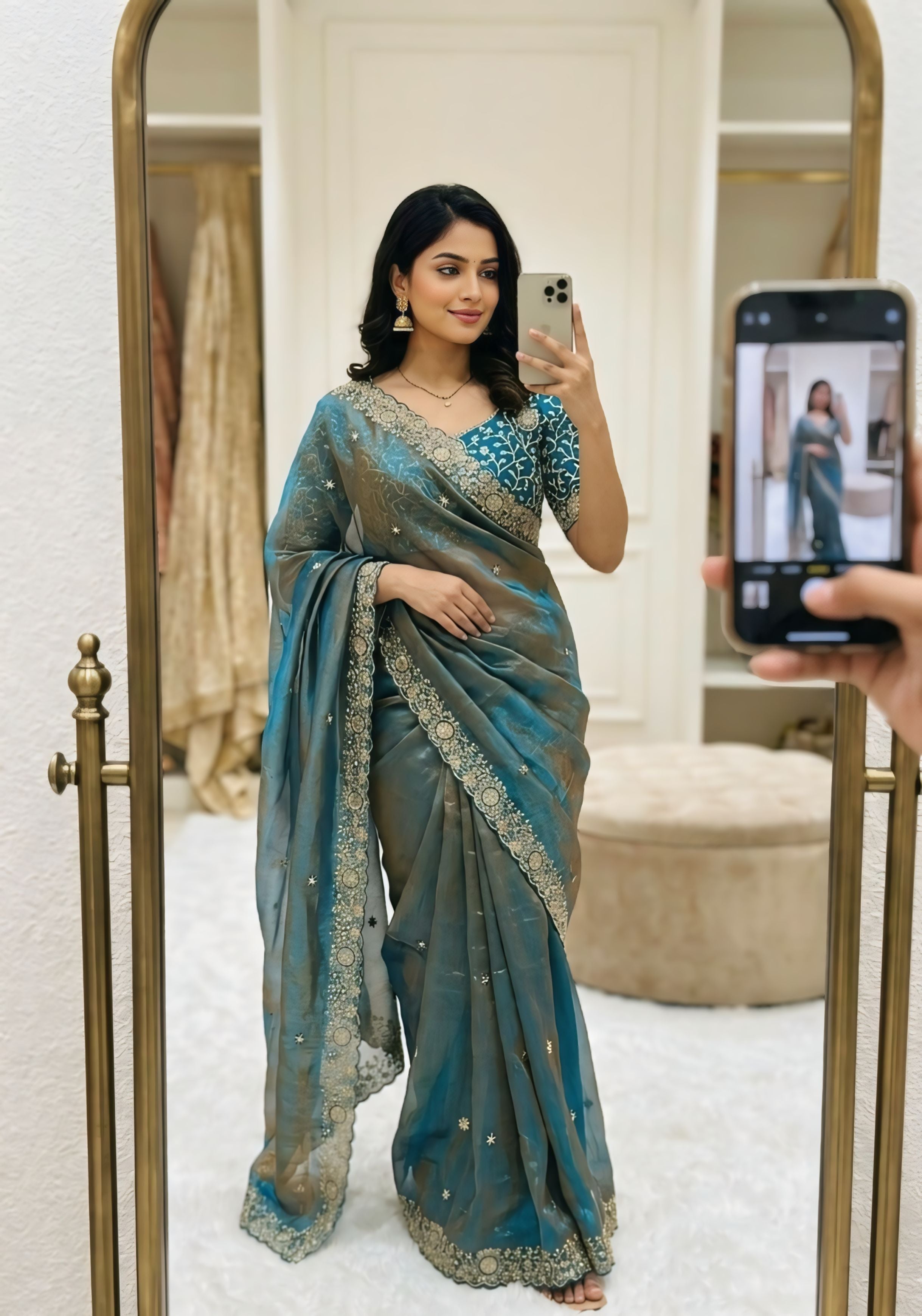 Steel Blue Designer Saree With Heavy Golden Border Detailing