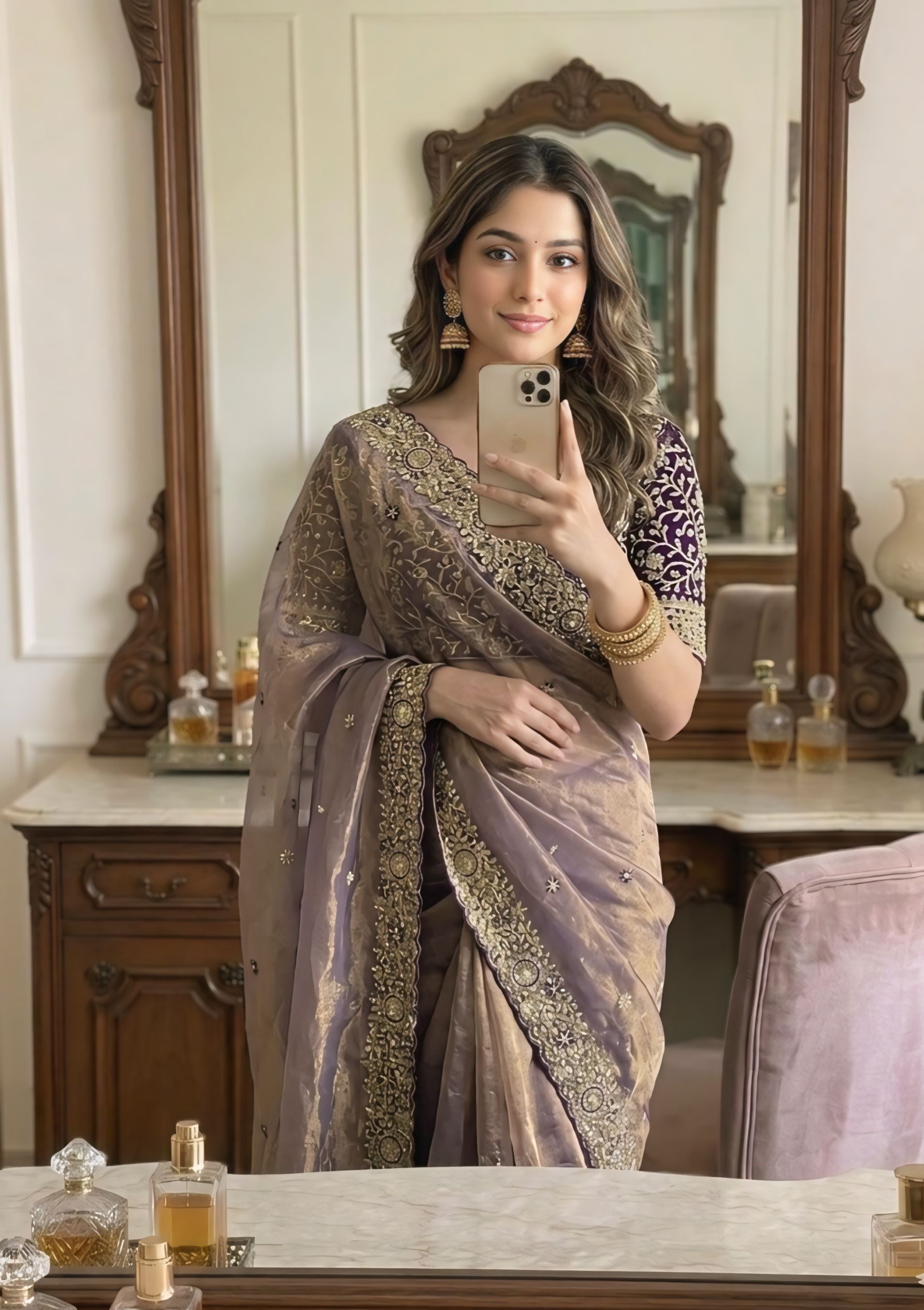 Steel Blue Designer Saree With Heavy Golden Border Detailing