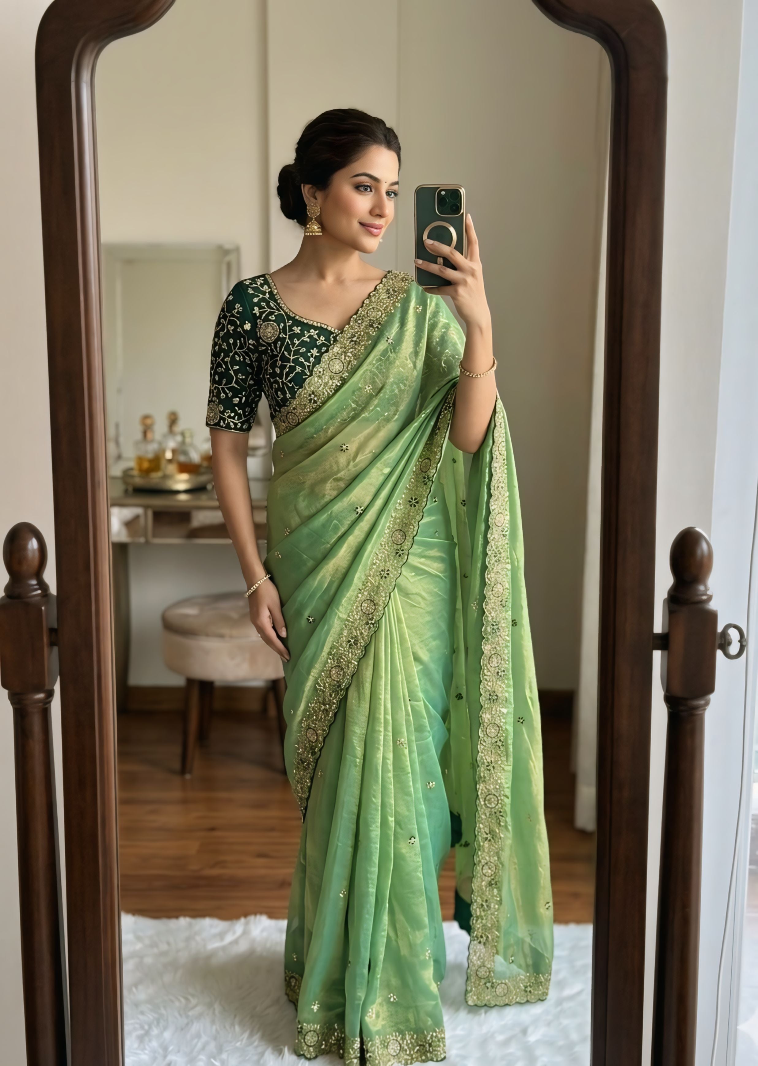 Steel Blue Designer Saree With Heavy Golden Border Detailing