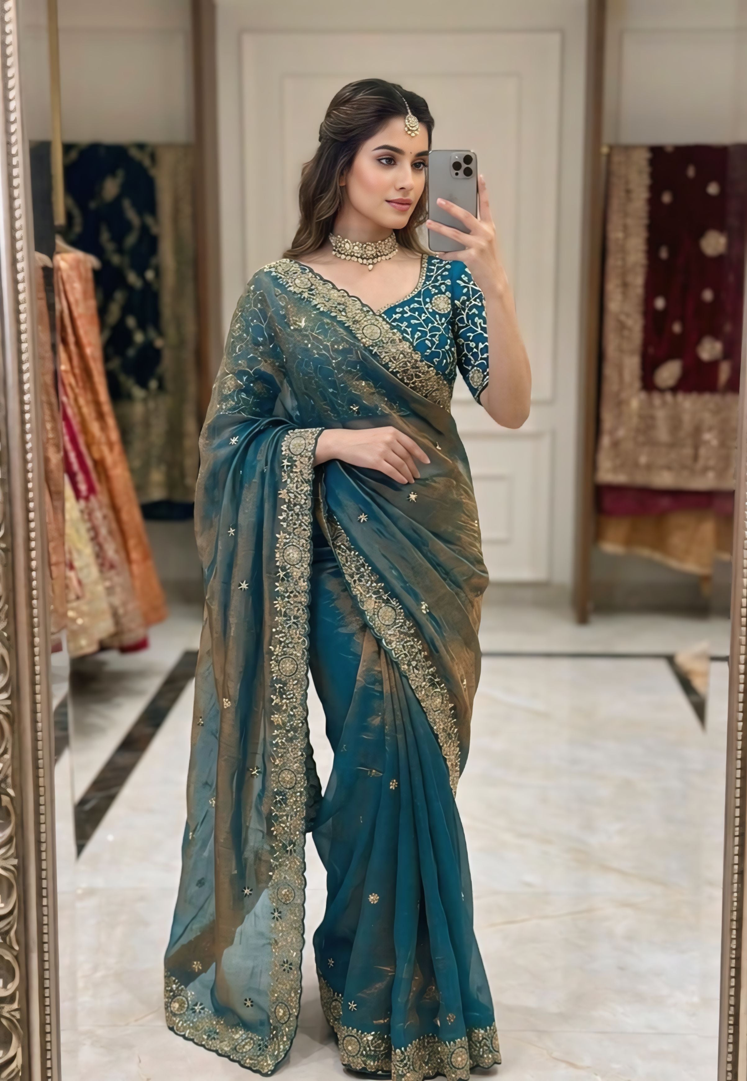 Steel Blue Designer Saree With Heavy Golden Border Detailing