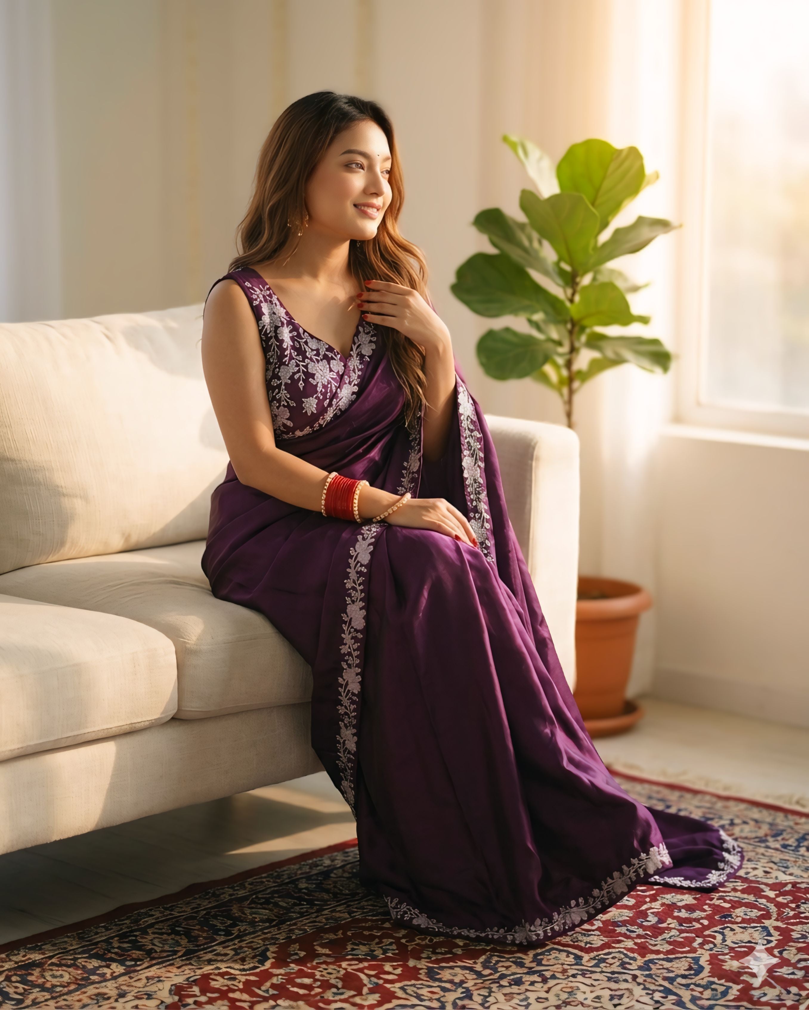 Purple Elegant Saree With Stylish Stone Border Detailing