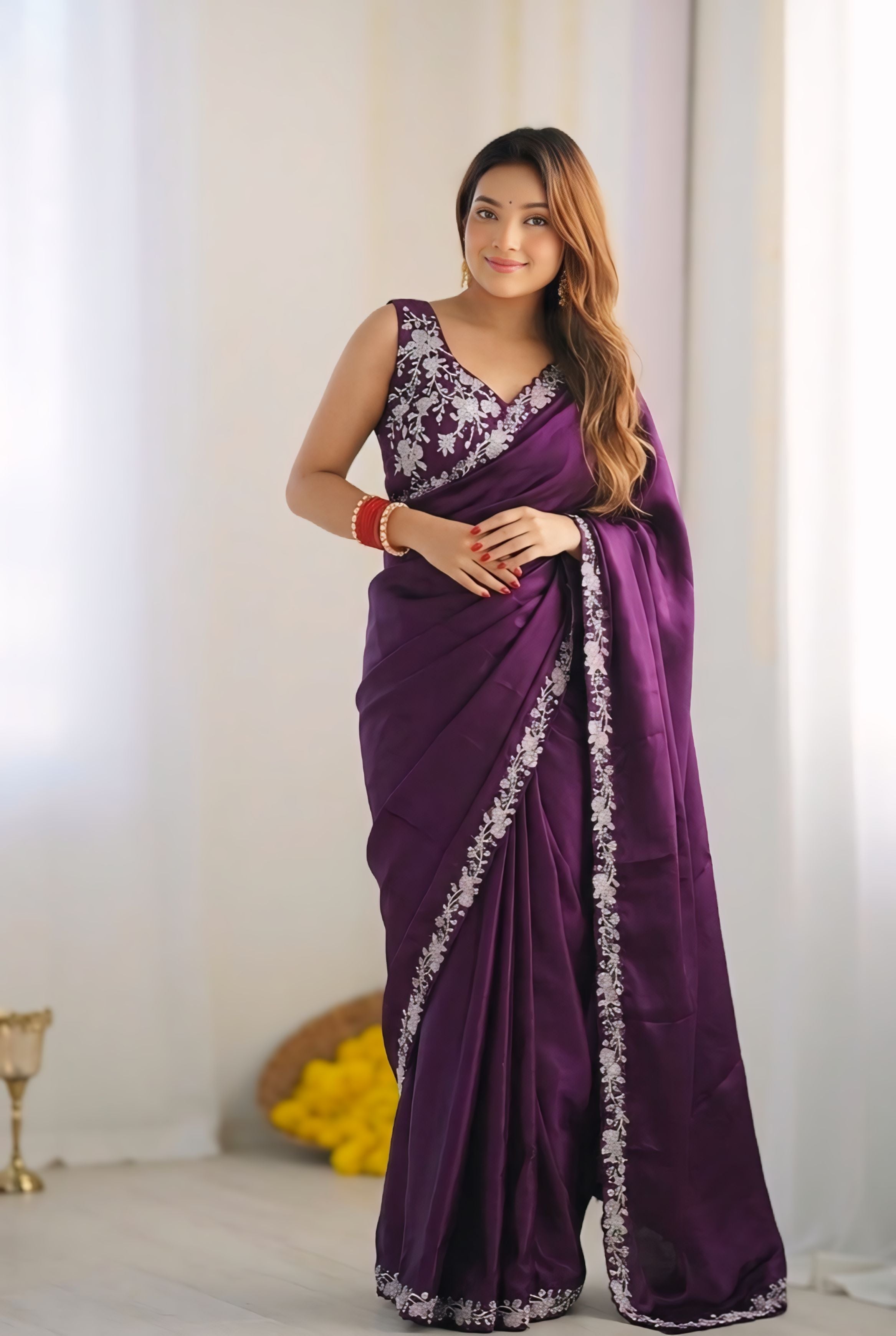 Purple Elegant Saree With Stylish Stone Border Detailing