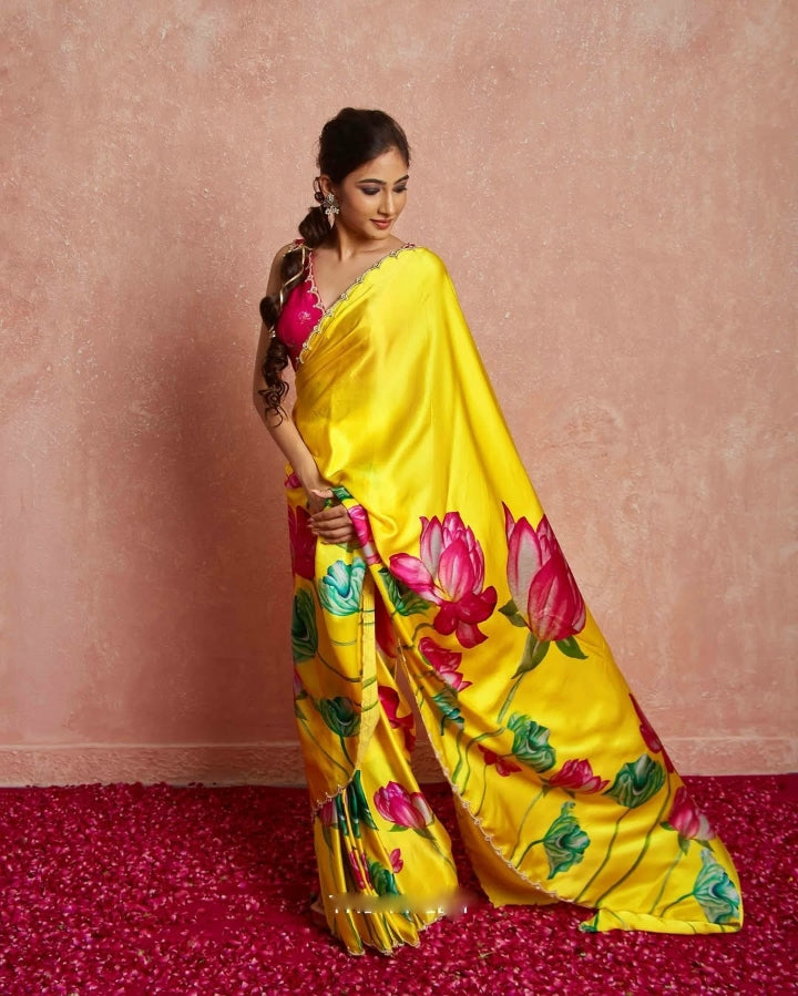 Emerald Green, Pink, White, Yellow, Blue Floral Printed Saree