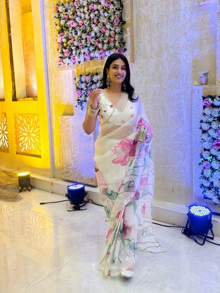 Emerald Green, Pink, White, Yellow, Blue Floral Printed Saree