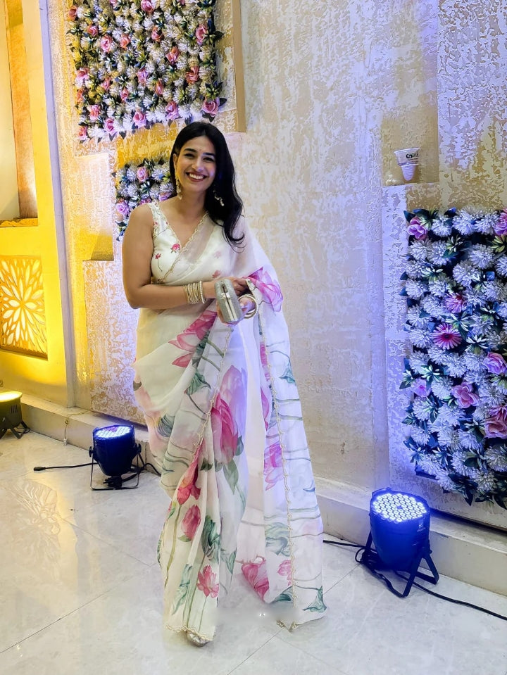 Emerald Green, Pink, White, Yellow, Blue Floral Printed Saree