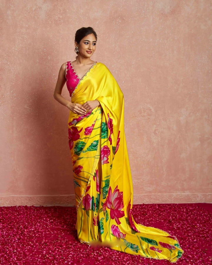 Emerald Green, Pink, White, Yellow, Blue Floral Printed Saree