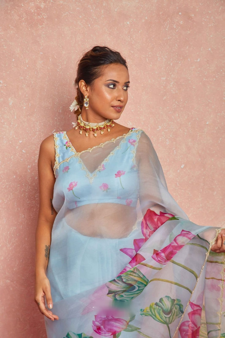 Emerald Green, Pink, White, Yellow, Blue Floral Printed Saree