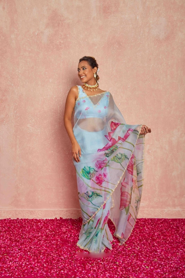 Emerald Green, Pink, White, Yellow, Blue Floral Printed Saree