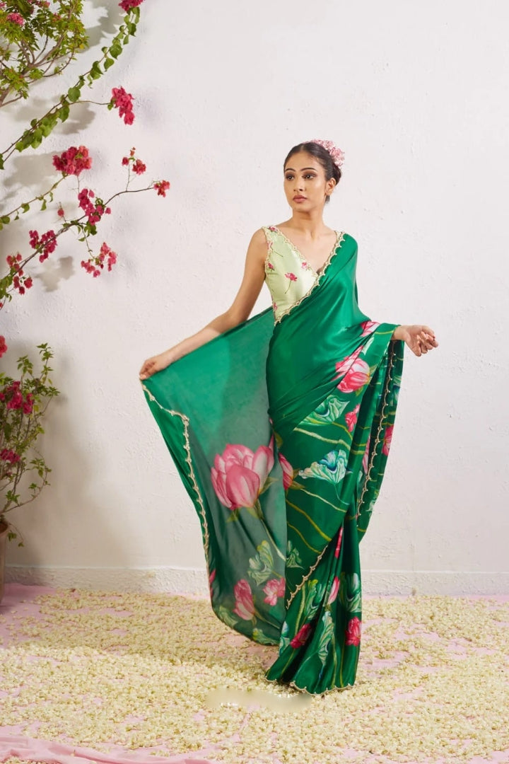 Emerald Green, Pink, White, Yellow, Blue Floral Printed Saree