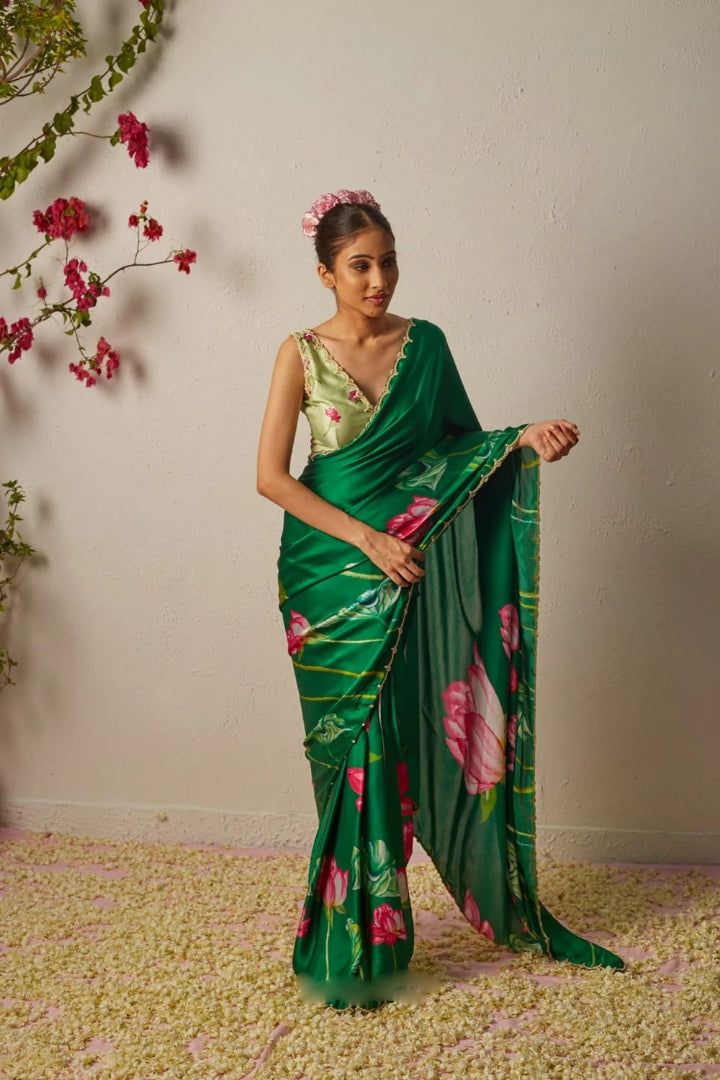 Emerald Green, Pink, White, Yellow, Blue Floral Printed Saree