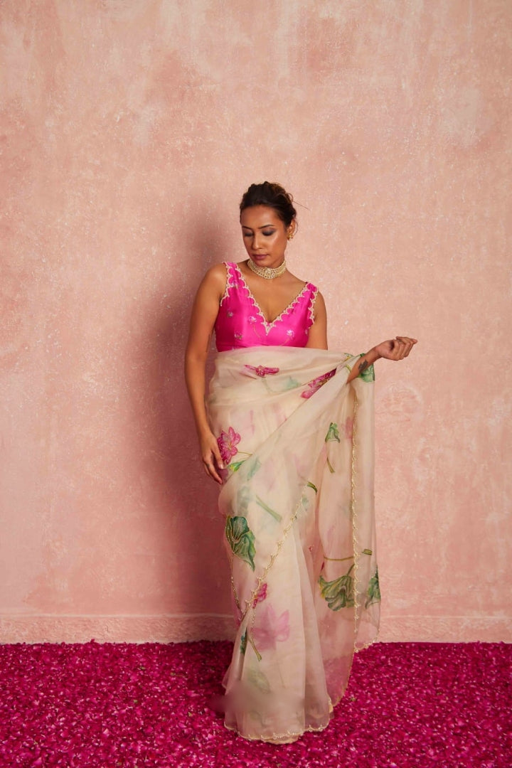 Ivory Pink Floral Organza Saree