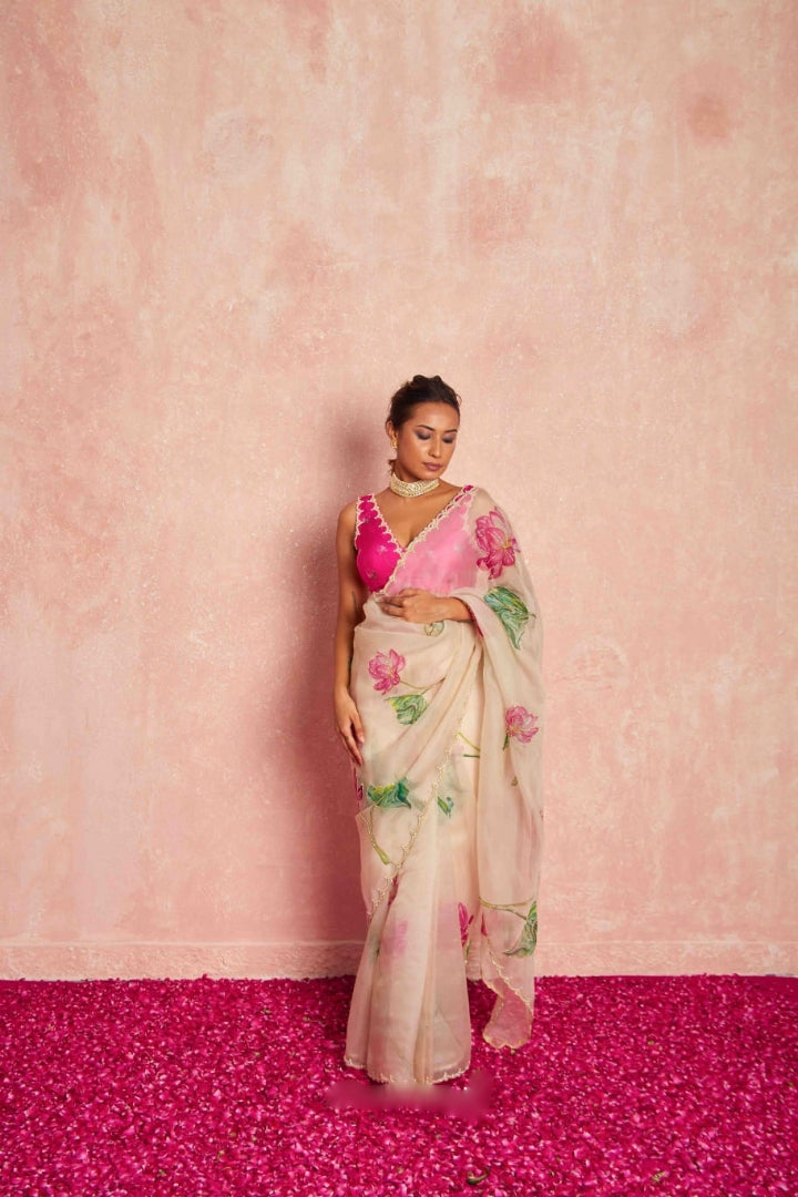 Ivory Pink Floral Organza Saree