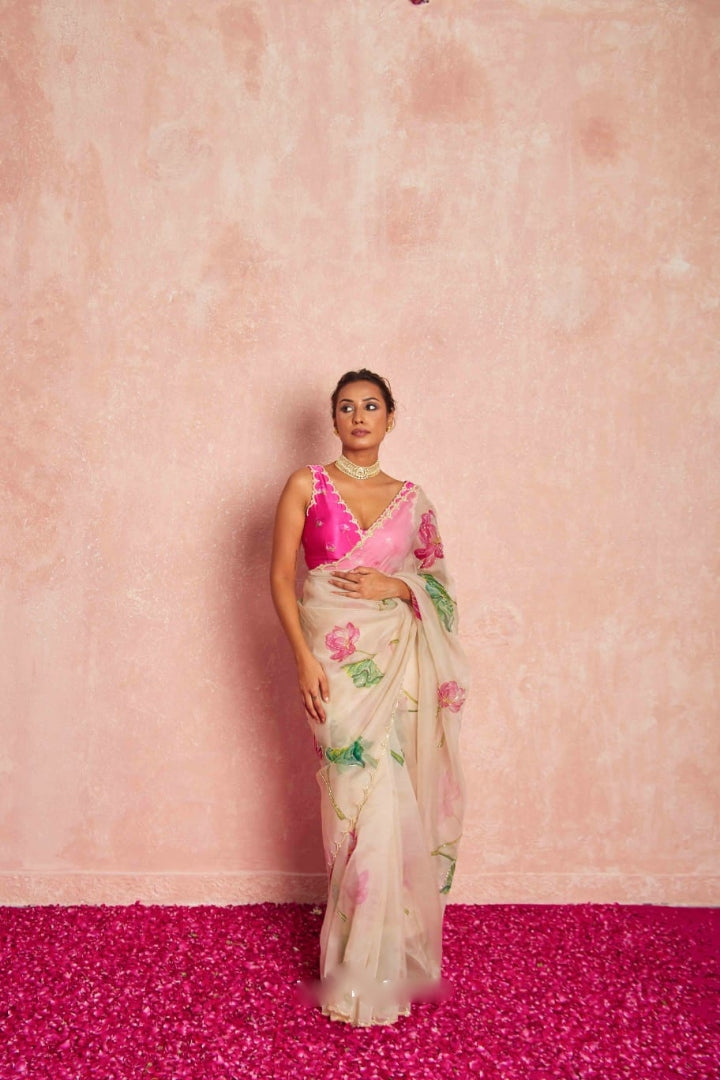 Ivory Pink Floral Organza Saree