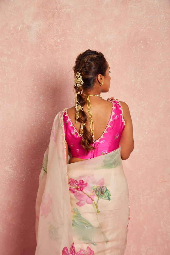 Ivory Pink Floral Organza Saree