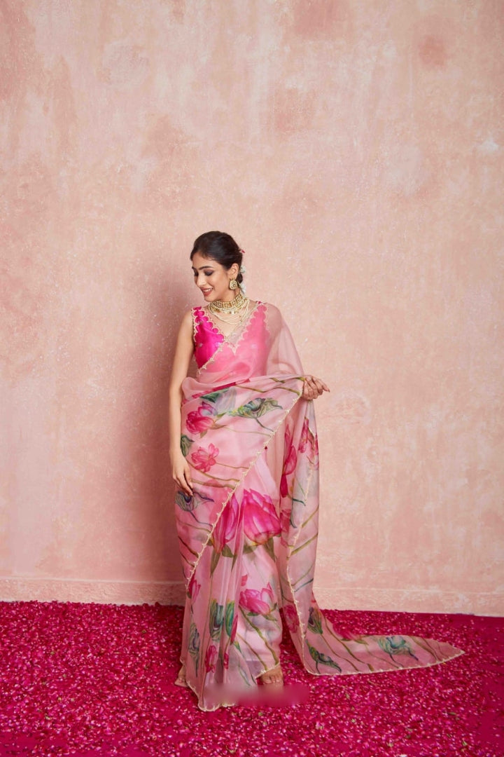 Emerald Green, Pink, White, Yellow, Blue Floral Printed Saree