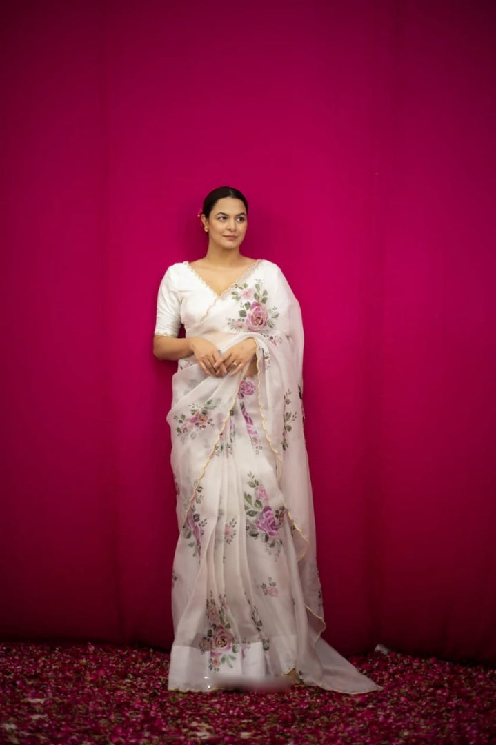 White, Pink, Purple, Red Floral Designer Saree