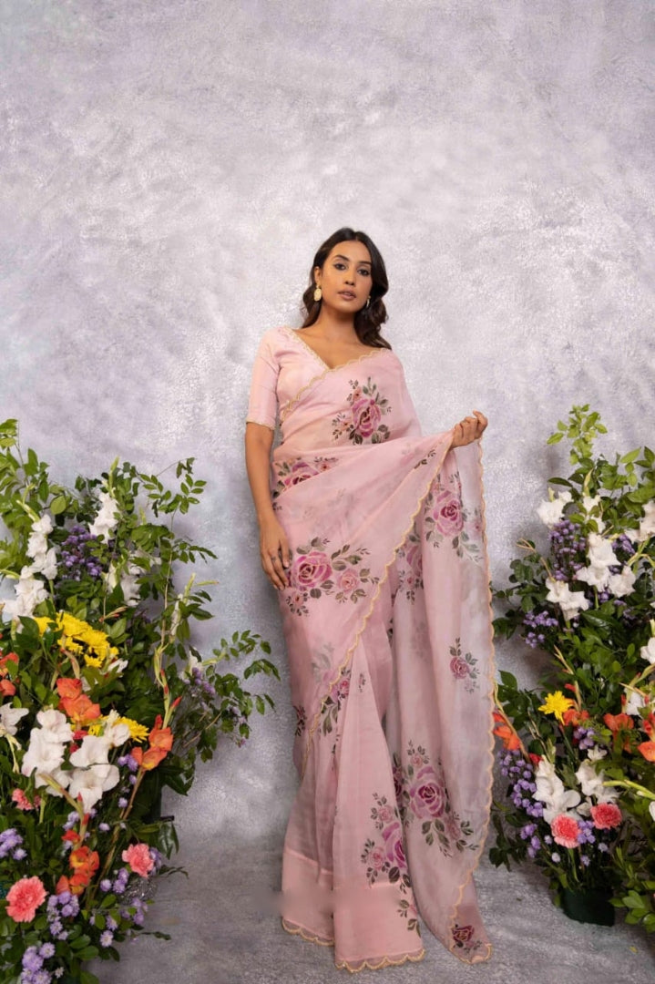White, Pink, Purple, Red Floral Designer Saree