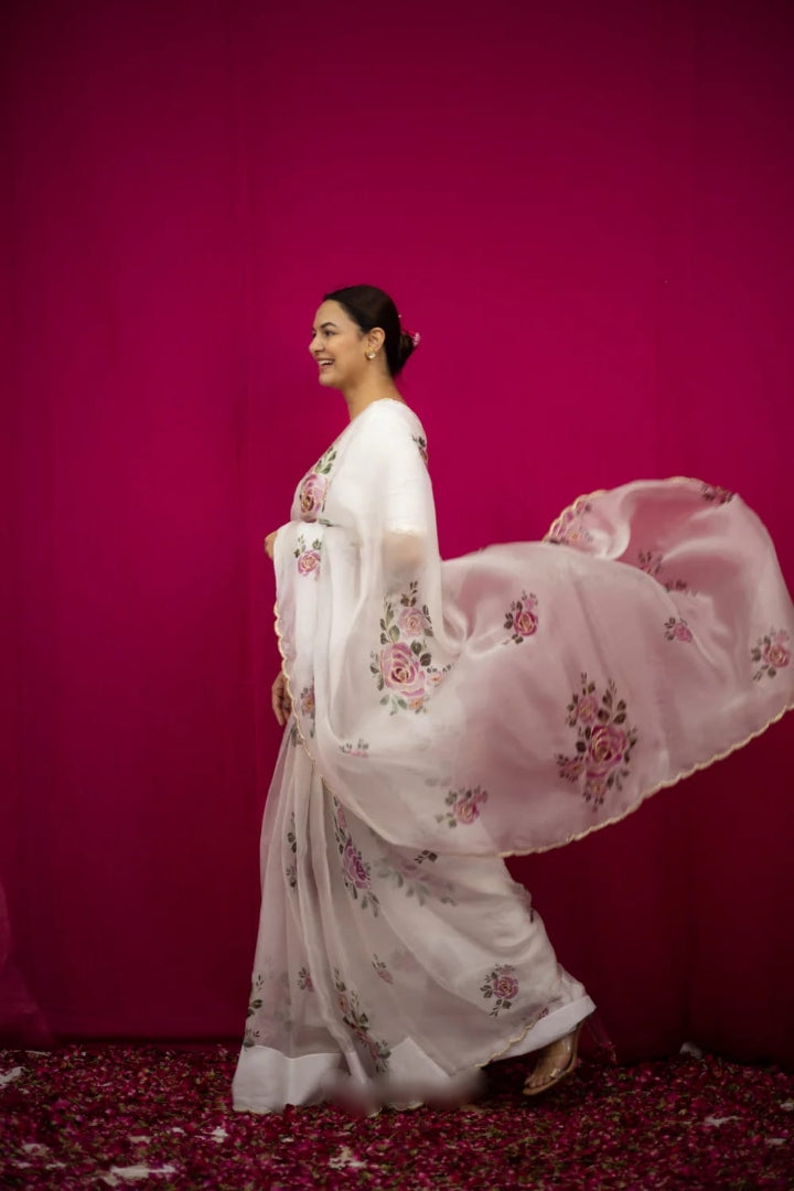 White, Pink, Purple, Red Floral Designer Saree