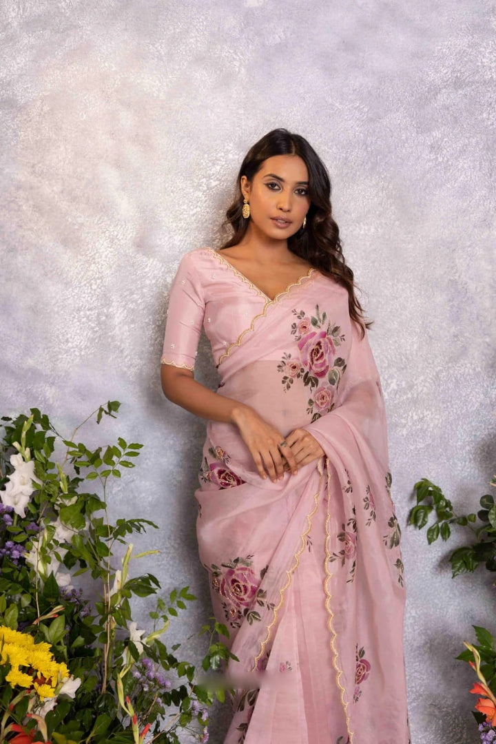 White, Pink, Purple, Red Floral Designer Saree