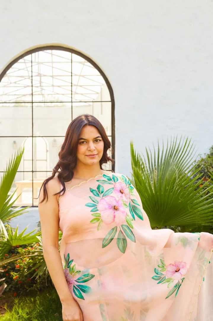 Mint Green, Pink Floral Printed Saree With Elegant Summer Look