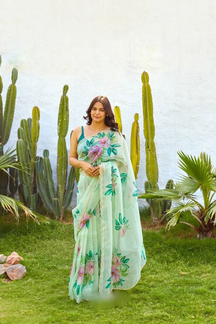 Mint Green, Pink Floral Printed Saree With Elegant Summer Look