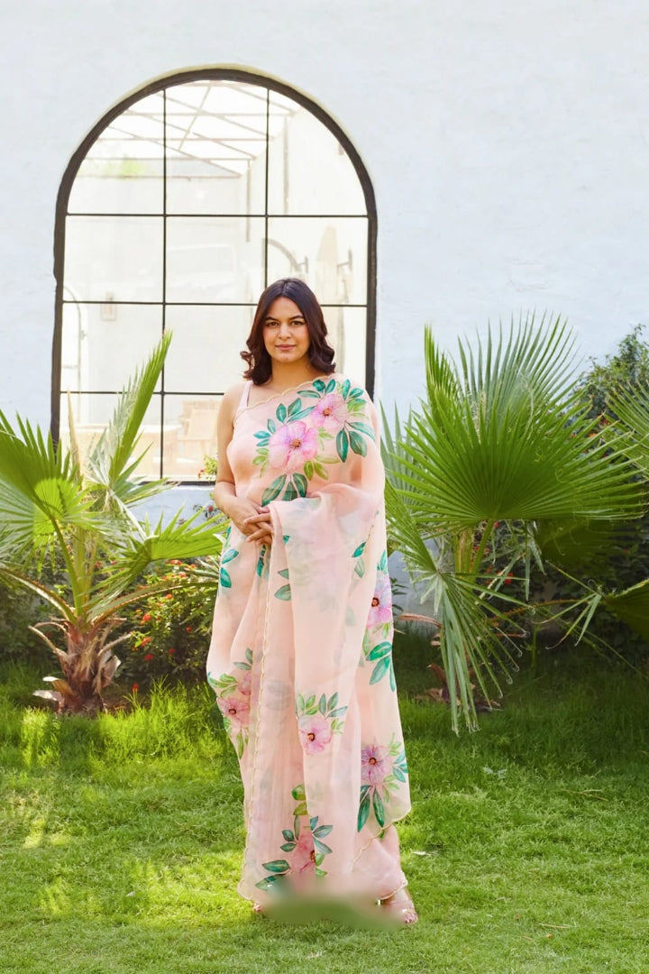 Mint Green, Pink Floral Printed Saree With Elegant Summer Look