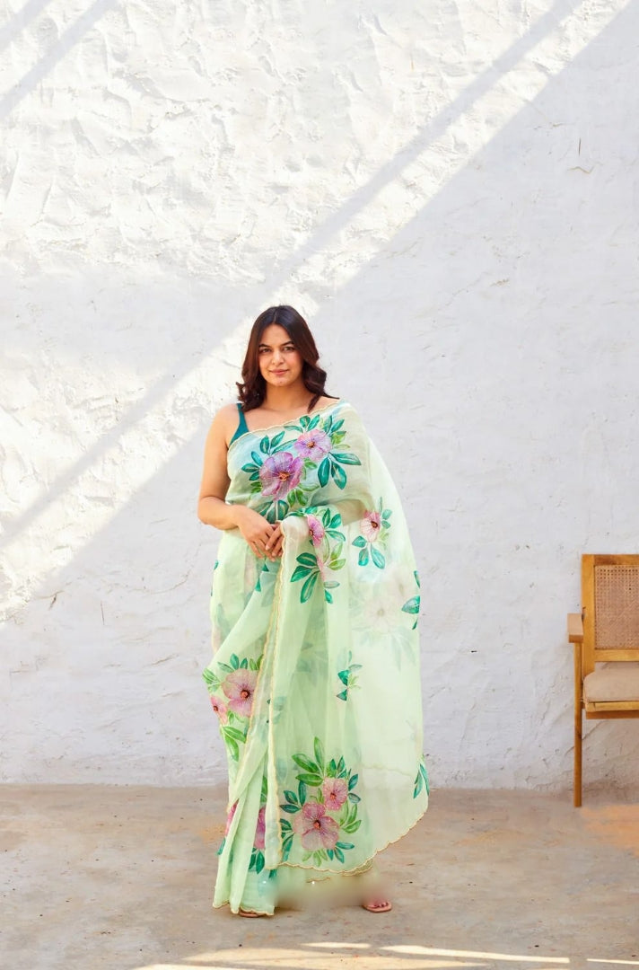 Mint Green, Pink Floral Printed Saree With Elegant Summer Look