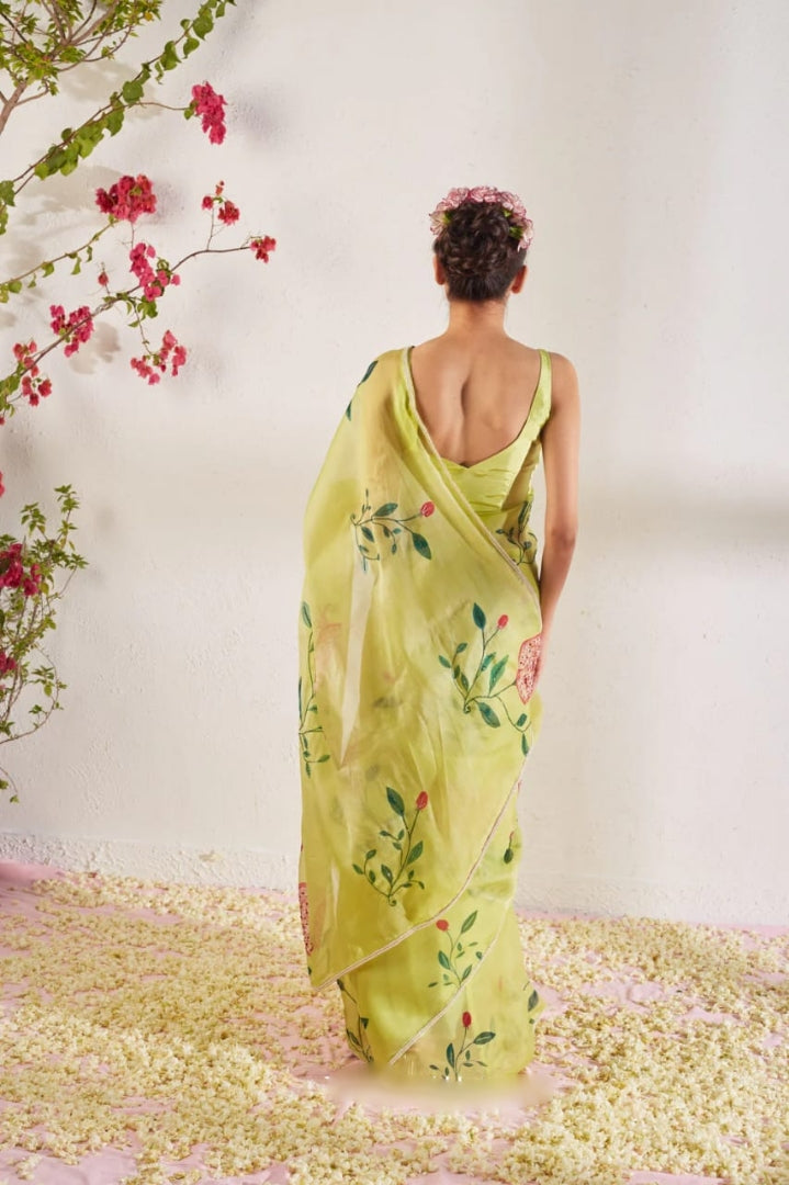 Lime Yellow, White Floral Saree With Elegant Printed Design