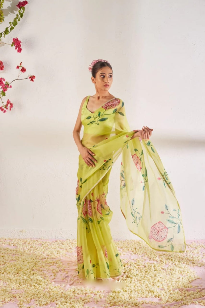 Lime Yellow, White Floral Saree With Elegant Printed Design