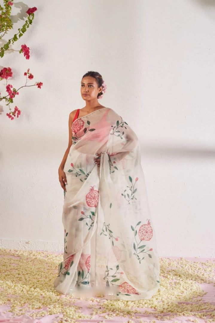 Lime Yellow, White Floral Saree With Elegant Printed Design