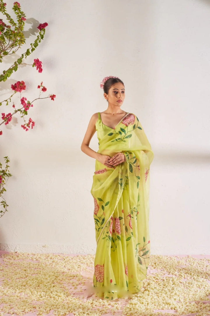 Lime Yellow, White Floral Saree With Elegant Printed Design