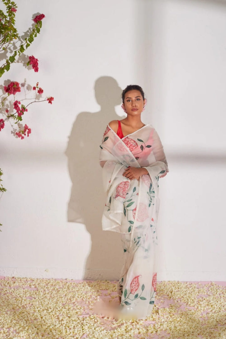 Lime Yellow, White Floral Saree With Elegant Printed Design