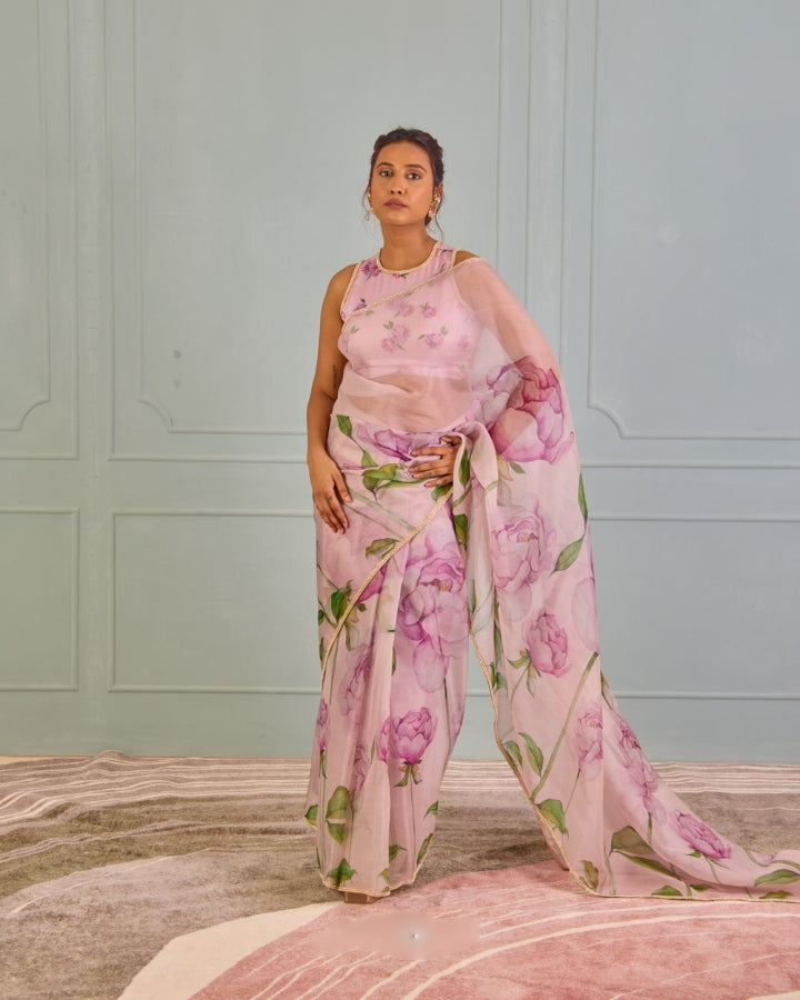 Soft Pink, Blue, Green Floral Saree With Stylish Printed Design