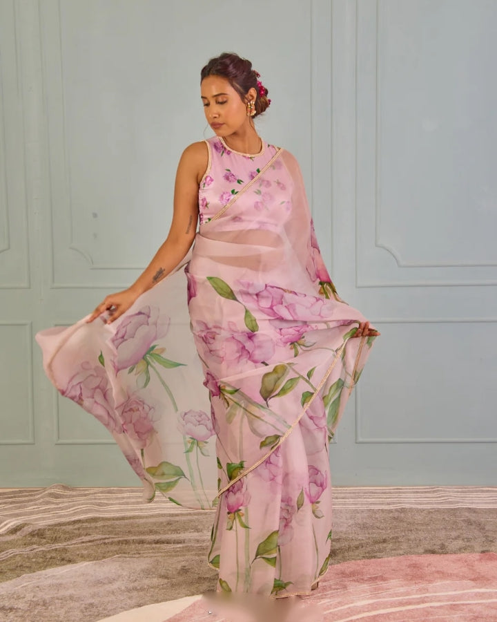 Soft Pink, Blue, Green Floral Saree With Stylish Printed Design