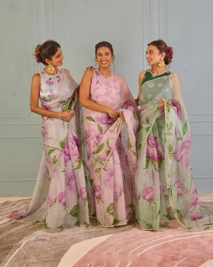 Soft Pink, Blue, Green Floral Saree With Stylish Printed Design