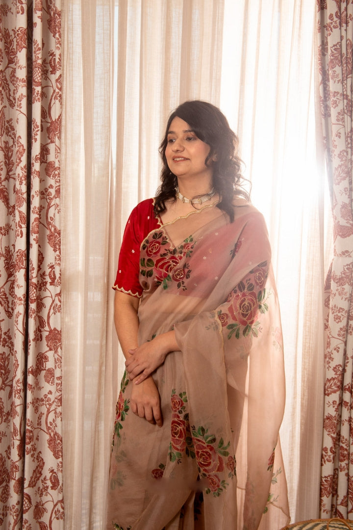 White, Pink, Purple, Red Floral Designer Saree