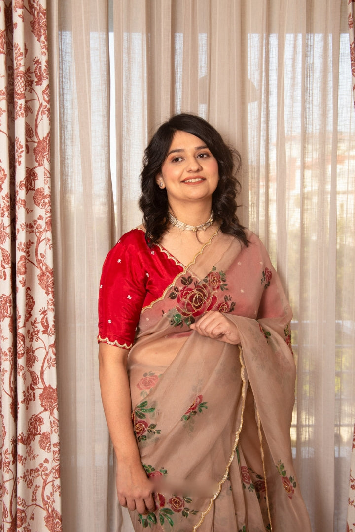 White, Pink, Purple, Red Floral Designer Saree